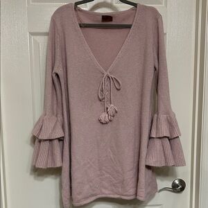 POL Dusty Pink Knit Tunic Sweater with Flared Ruffled Sleeves Tie Front V neck M